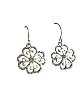 Floral Silver Tone Filigree Dangle Earrings Green Crystal Accents Flower Hooks